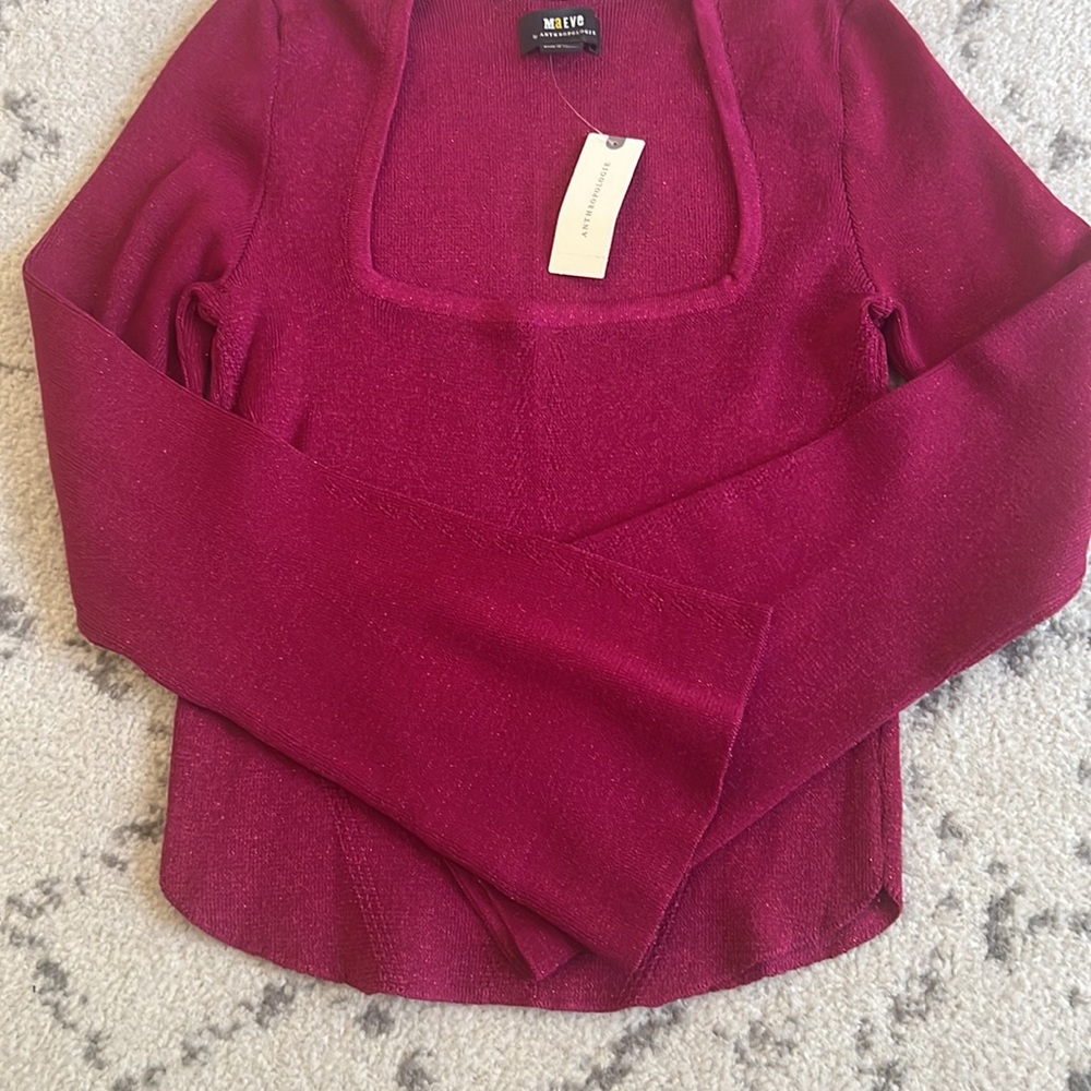 Maeve by Anthropologie‎ NWT Square Neck Bell Sleeve Sweater Raspberry Sparkle - Picture 6 of 9